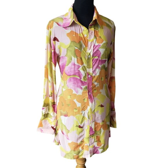With Jean Pink Green Yellow Orange Floral Long Sleeve Button Front Collar Dress - Picture 2 of 16